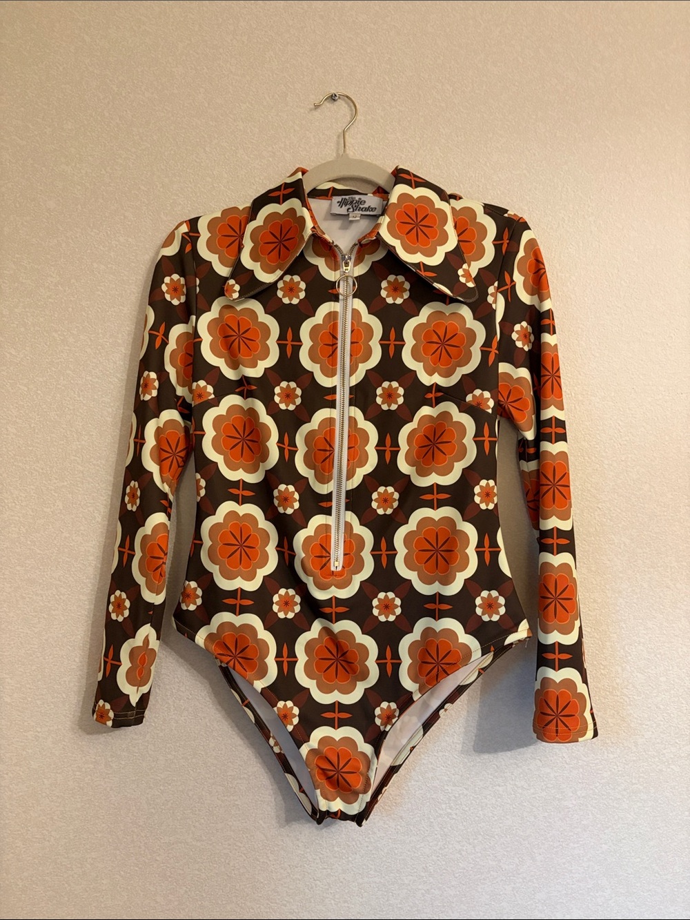 Hippie Shake Retro Floral Long Sleeve Zip Bodysuit - Brown & Orange